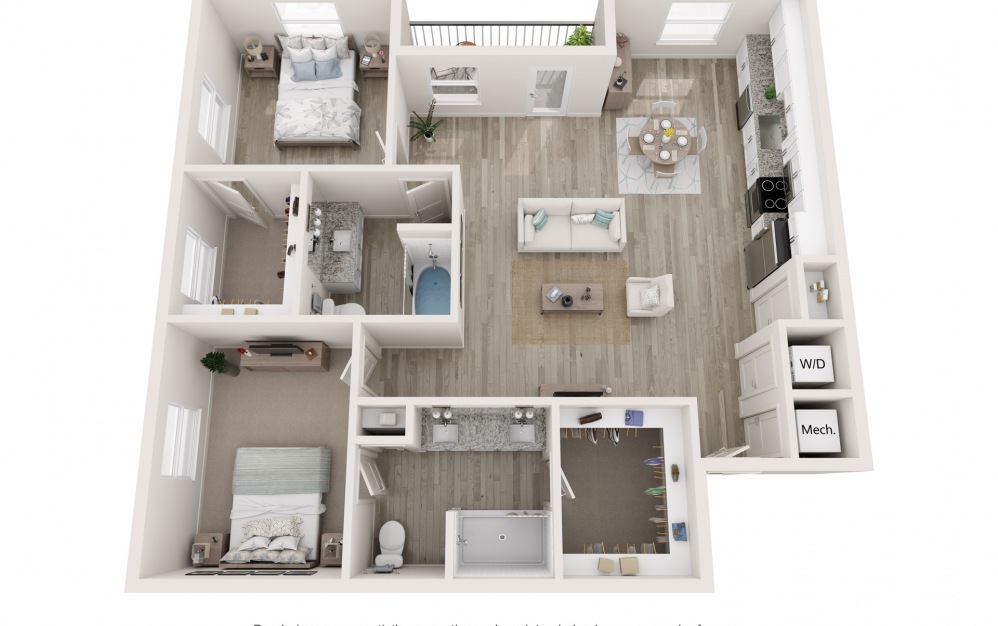B5 - 2 bedroom floorplan layout with 2 baths and 1290 square feet.